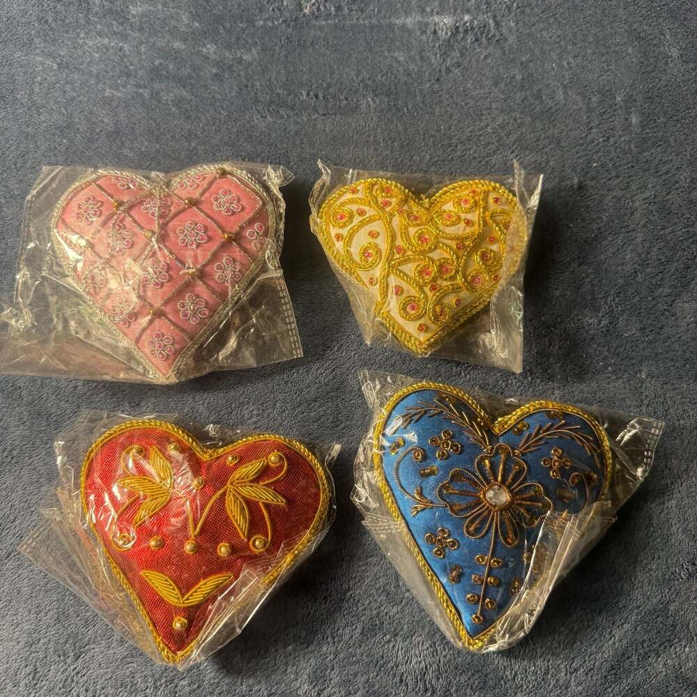 Set of 4 Handcrafted Beaded & Embroidered Heart Ornaments Multi-Color